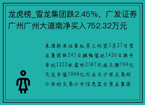 龙虎榜_雪龙集团跌2.45%，广发证券广州广州大道南净买入752.32万元