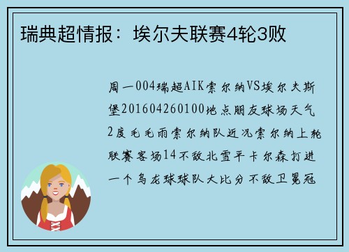 瑞典超情报：埃尔夫联赛4轮3败